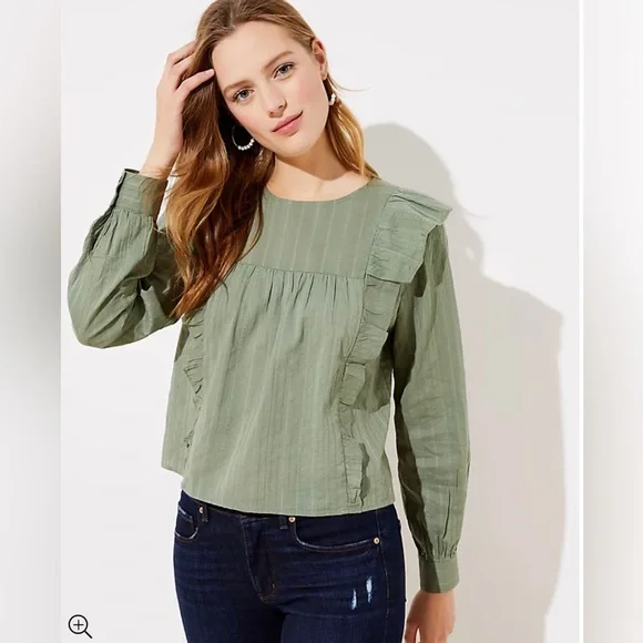 Loft Green Ruffle Cropped Blouse Top Size Large - Picture 1 of 9